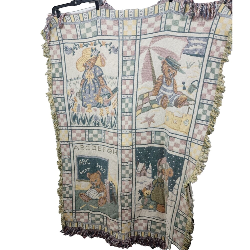 Vintage Teddy Bear Woven Tapestry Throw Blanket Fringe Farmhouse Country 66x48